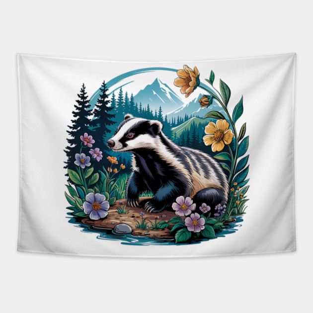 Floral Badger Vintage Woodland Wildlife Art 2 Tapestry by BirdsnStuff