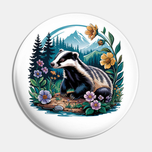 Floral Badger Vintage Woodland Wildlife Art 2 Pin by BirdsnStuff