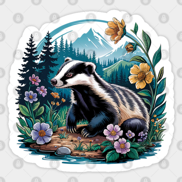 Floral Badger Vintage Woodland Wildlife Art 2 Sticker by BirdsnStuff