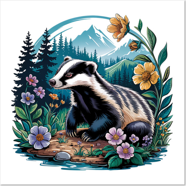 Floral Badger Vintage Woodland Wildlife Art 2 Wall Art by BirdsnStuff