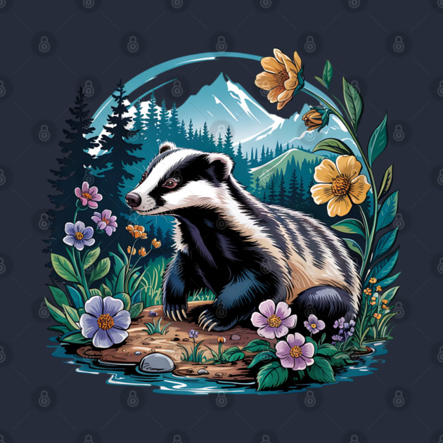 Floral Badger Vintage Woodland Wildlife Art 2 by BirdsnStuff