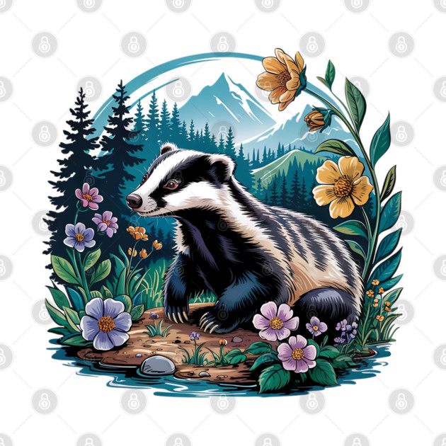 Floral Badger Vintage Woodland Wildlife Art 2 by BirdsnStuff