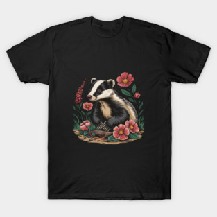 Floral Badger Vintage Woodland Wildlife Art 3 T-Shirt