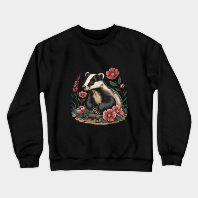 Floral Badger Vintage Woodland Wildlife Art 3 Crewneck Sweatshirt by BirdsnStuff