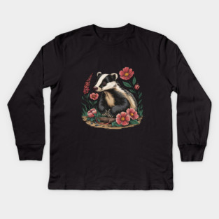Floral Badger Vintage Woodland Wildlife Art 3 Kids Long Sleeve T-Shirt
