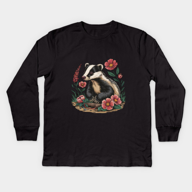 Floral Badger Vintage Woodland Wildlife Art 3 Kids Long Sleeve T-Shirt by BirdsnStuff