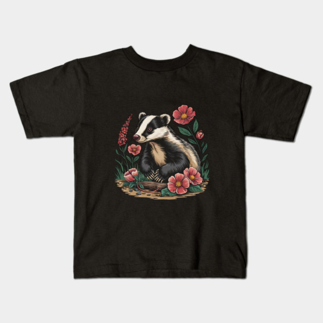 Floral Badger Vintage Woodland Wildlife Art 3 Kids T-Shirt by BirdsnStuff