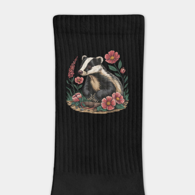 Floral Badger Vintage Woodland Wildlife Art 3 by BirdsnStuff