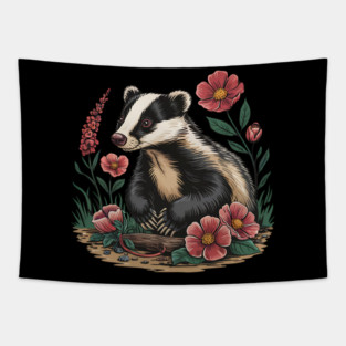 Floral Badger Vintage Woodland Wildlife Art 3 Tapestry