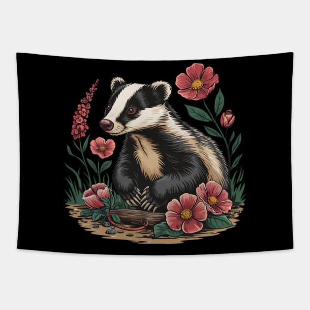 Floral Badger Vintage Woodland Wildlife Art 3 Tapestry by BirdsnStuff
