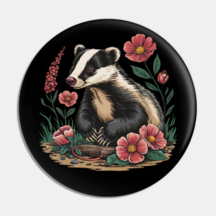 Floral Badger Vintage Woodland Wildlife Art 3 Pin