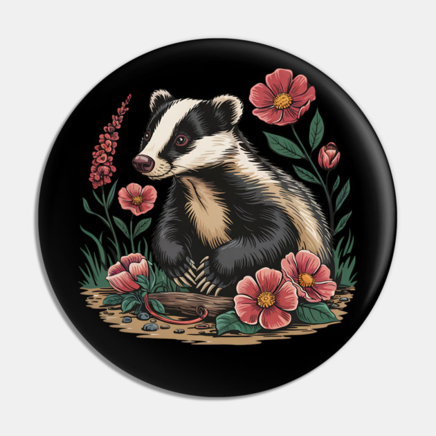 Floral Badger Vintage Woodland Wildlife Art 3 Pin by BirdsnStuff