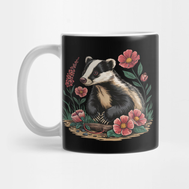 Floral Badger Vintage Woodland Wildlife Art 3 by BirdsnStuff