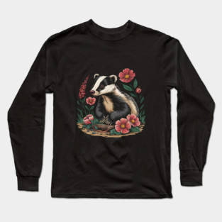 Floral Badger Vintage Woodland Wildlife Art 3 Long Sleeve T-Shirt