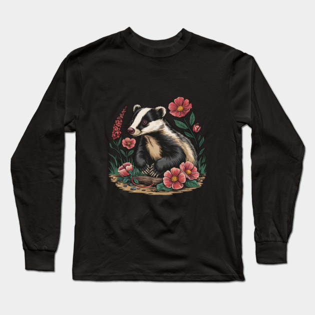 Floral Badger Vintage Woodland Wildlife Art 3 Long Sleeve T-Shirt by BirdsnStuff
