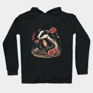 Floral Badger Vintage Woodland Wildlife Art 3 Hoodie