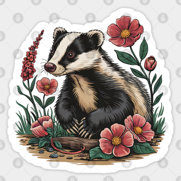 Floral Badger Vintage Woodland Wildlife Art 3 Sticker by BirdsnStuff