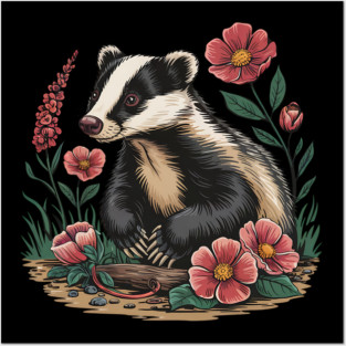 Floral Badger Vintage Woodland Wildlife Art 3 Posters and Art
