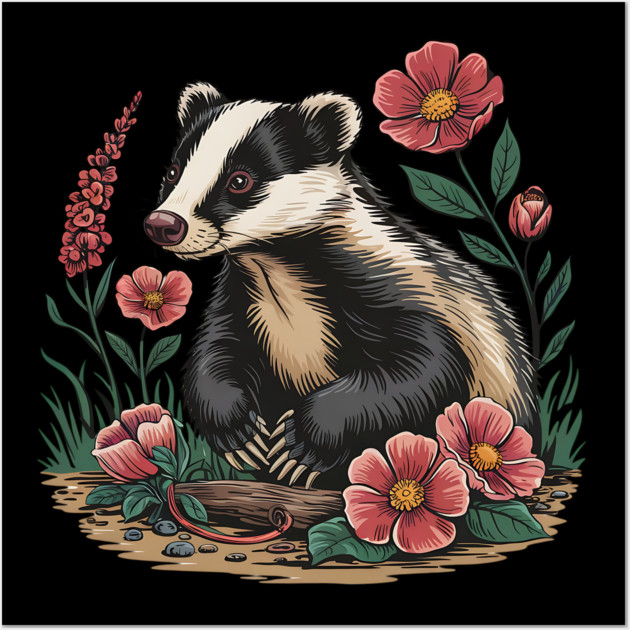 Floral Badger Vintage Woodland Wildlife Art 3 Wall Art by BirdsnStuff