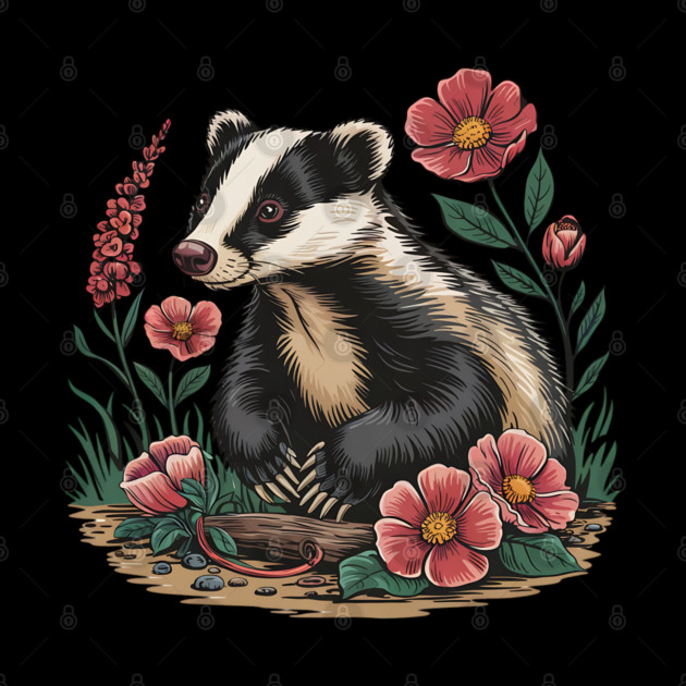 Floral Badger Vintage Woodland Wildlife Art 3 by BirdsnStuff