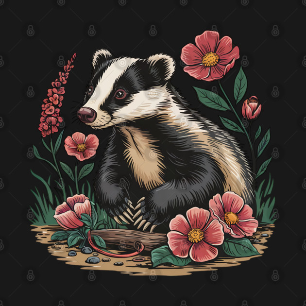 Floral Badger Vintage Woodland Wildlife Art 3 by BirdsnStuff