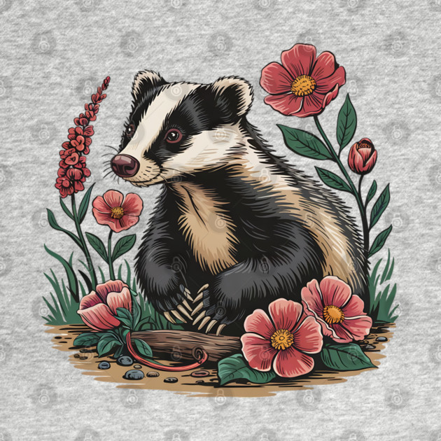 Floral Badger Vintage Woodland Wildlife Art 3 by BirdsnStuff