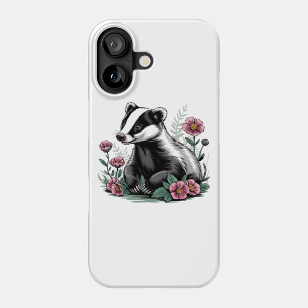 Floral Badger Vintage Woodland Wildlife Art 4 Phone Case by BirdsnStuff