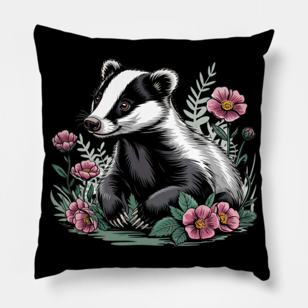 Floral Badger Vintage Woodland Wildlife Art 4 Pillow by BirdsnStuff