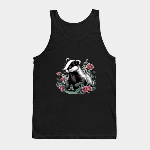 Floral Badger Vintage Woodland Wildlife Art 4 Tank Top by BirdsnStuff