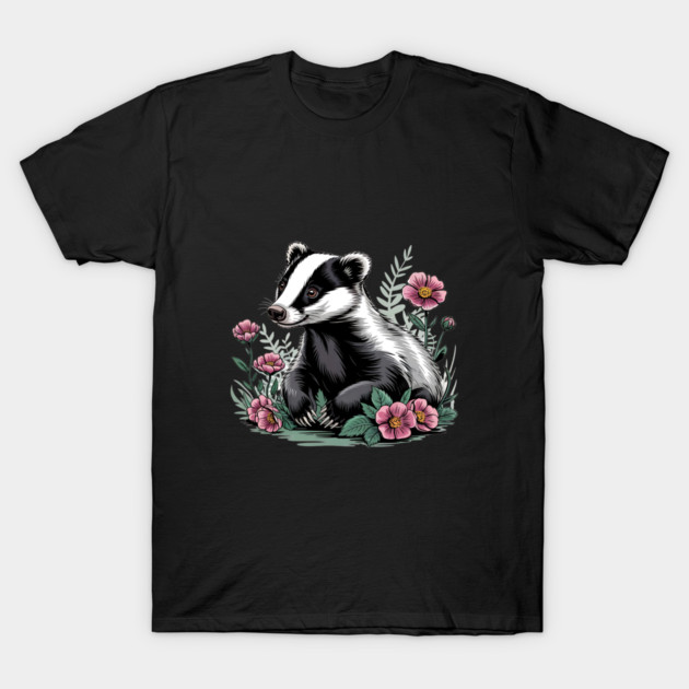 Floral Badger Vintage Woodland Wildlife Art 4 T-Shirt by BirdsnStuff