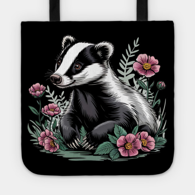 Floral Badger Vintage Woodland Wildlife Art 4 Tote by BirdsnStuff