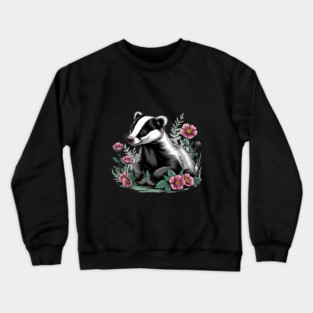 Floral Badger Vintage Woodland Wildlife Art 4 Crewneck Sweatshirt