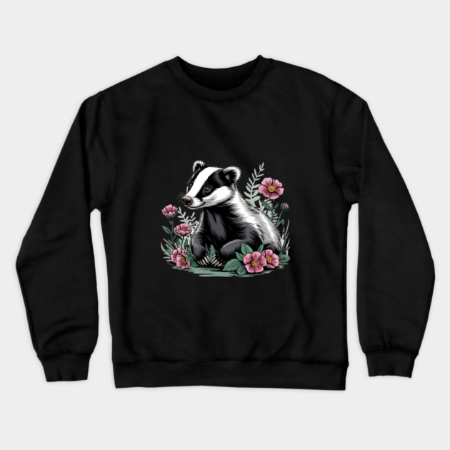 Floral Badger Vintage Woodland Wildlife Art 4 Crewneck Sweatshirt by BirdsnStuff