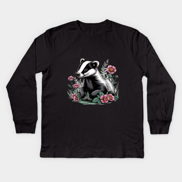 Floral Badger Vintage Woodland Wildlife Art 4 Kids Long Sleeve T-Shirt by BirdsnStuff