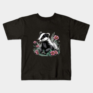 Floral Badger Vintage Woodland Wildlife Art 4 Kids T-Shirt