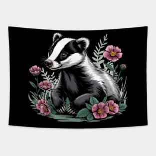 Floral Badger Vintage Woodland Wildlife Art 4 Tapestry