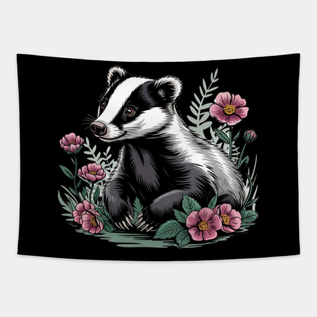 Floral Badger Vintage Woodland Wildlife Art 4 Tapestry by BirdsnStuff