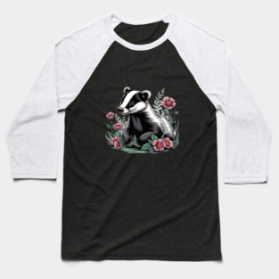 Floral Badger Vintage Woodland Wildlife Art 4 Baseball T-Shirt