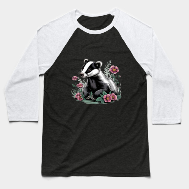 Floral Badger Vintage Woodland Wildlife Art 4 Baseball T-Shirt by BirdsnStuff