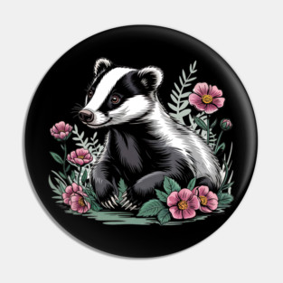 Floral Badger Vintage Woodland Wildlife Art 4 Pin
