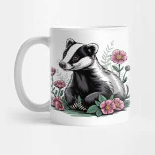 Floral Badger Vintage Woodland Wildlife Art 4 Mug
