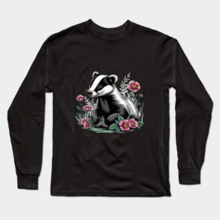 Floral Badger Vintage Woodland Wildlife Art 4 Long Sleeve T-Shirt