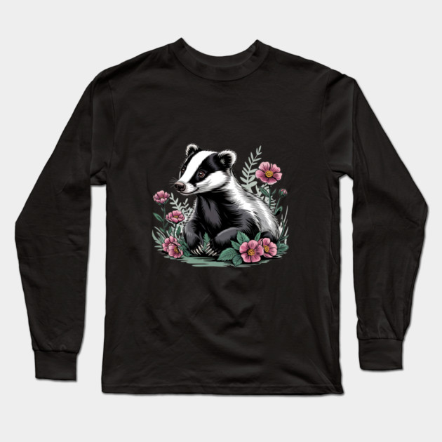 Floral Badger Vintage Woodland Wildlife Art 4 Long Sleeve T-Shirt by BirdsnStuff