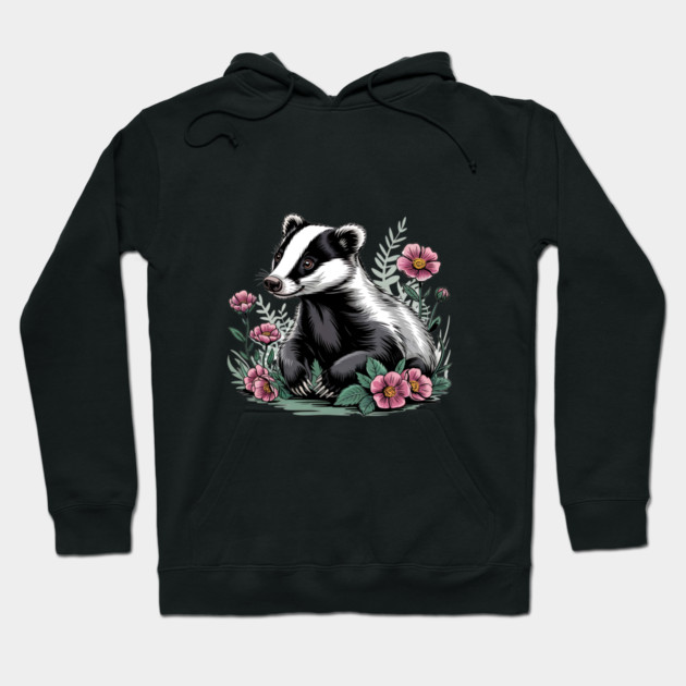 Floral Badger Vintage Woodland Wildlife Art 4 Hoodie by BirdsnStuff