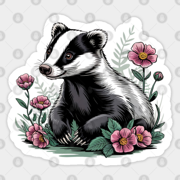 Floral Badger Vintage Woodland Wildlife Art 4 Sticker by BirdsnStuff