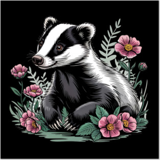 Floral Badger Vintage Woodland Wildlife Art 4 Posters and Art