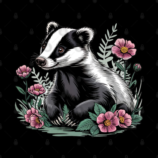 Floral Badger Vintage Woodland Wildlife Art 4 by BirdsnStuff