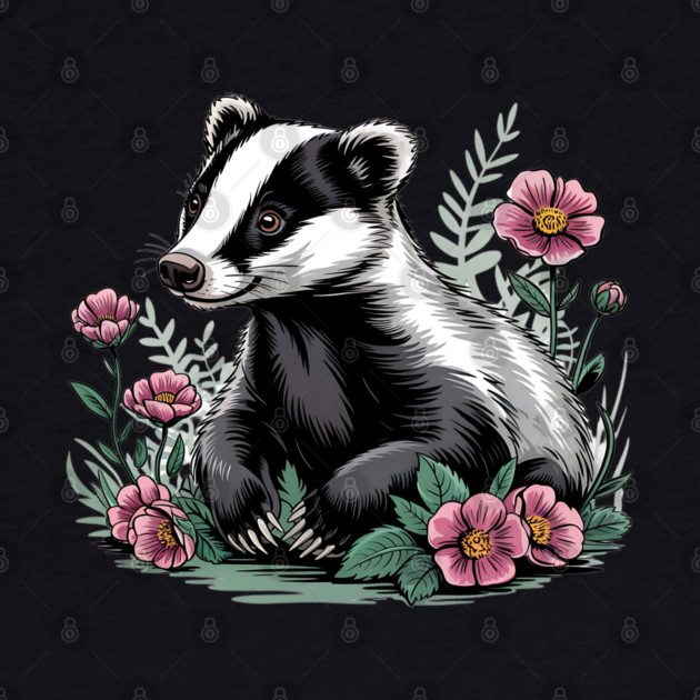 Floral Badger Vintage Woodland Wildlife Art 4 by BirdsnStuff