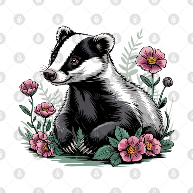 Floral Badger Vintage Woodland Wildlife Art 4 by BirdsnStuff