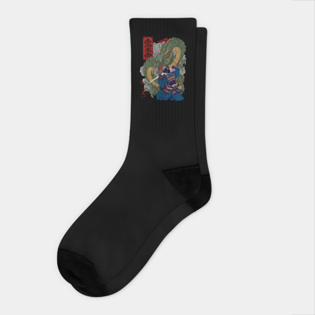 Samurai Warrior Facing Fierce Dragon Japanese Art Design Socks by Designed By Marty